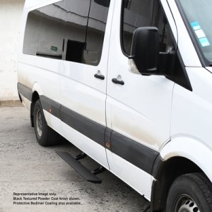 Mercedes-Benz Sprinter 2500 Electric Running Boards - Go Rhino - VoltStep Electric, 6-inch, Bedliner Coating, Integrated LED, Dual-Motor, Magnetically-Activated Door Switches, Automatic Safe-Stop - Black Bedliner Coating - `13-`18